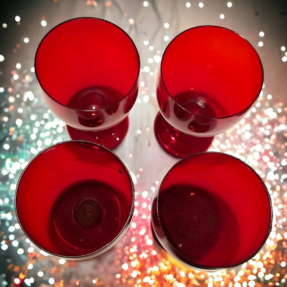 Ruby Red Wine Glass Set of 4 MCM Hand Blown Water/Wine Stemware Goblets - Picture 4 of 12